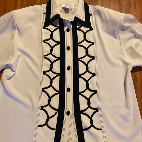 Tess Vintage Women’s White/Navy Button Blouse Size 10 - Picture 5 of 16